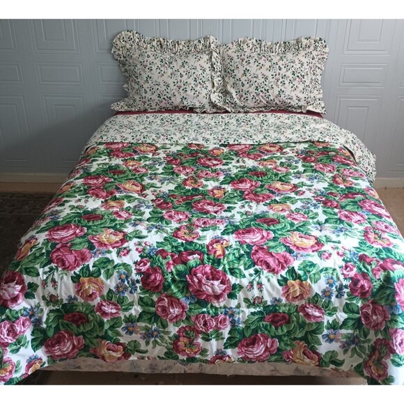 Longaberger Queen Reversible Comforter Sentimental Rose  2 Pillow Shams Curtains - Picture 1 of 9